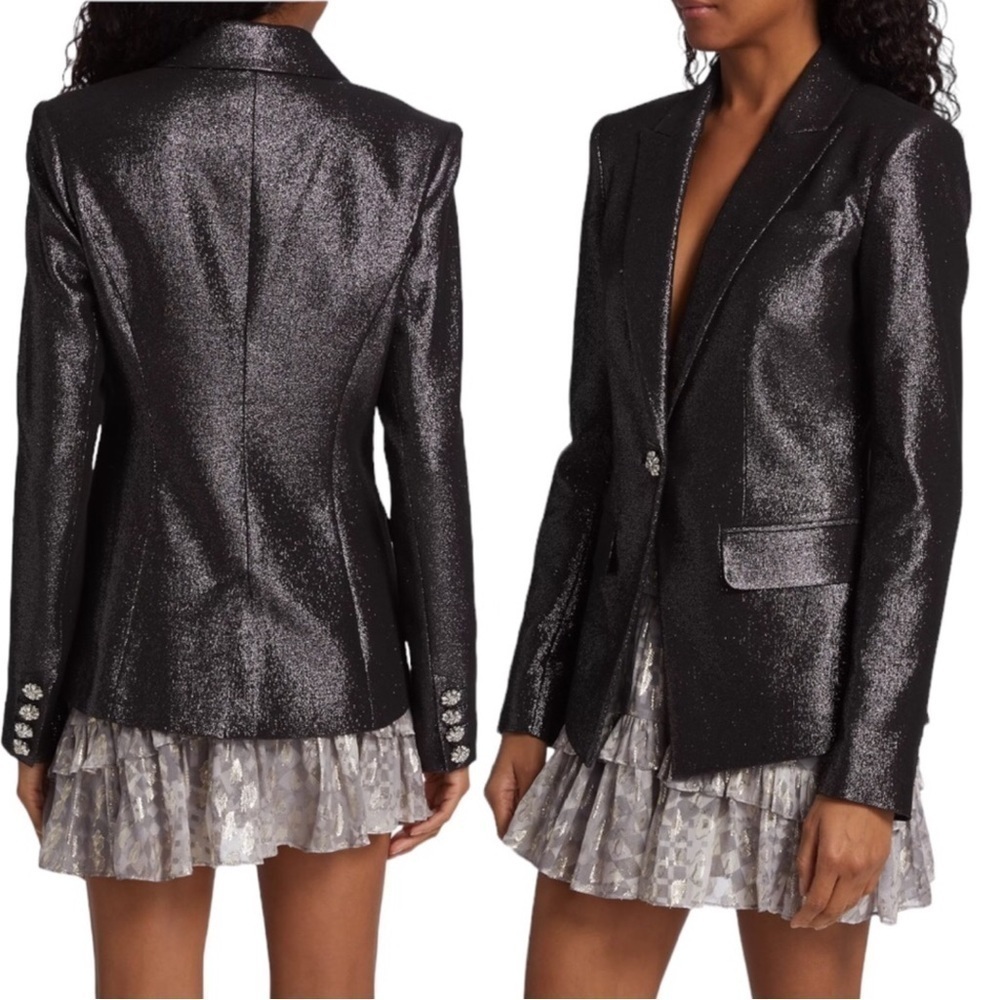 Ramy Brook Wren Metallic Single-Breasted Blazer Zink Sparkle Crystal Button